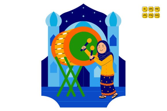 Illustration of Woman Playing Bedug Drum: Graphics and Illustrations for Content