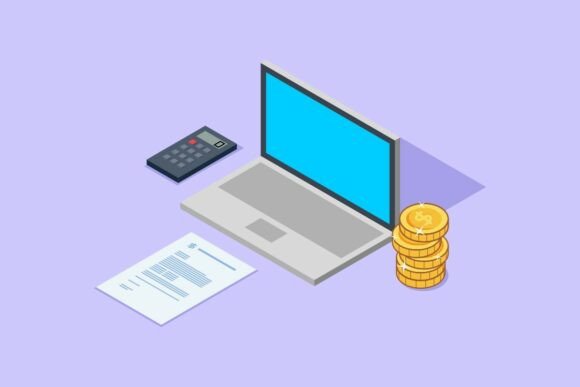 Isometric Laptop Calculator Coins Graphics and Illustrations