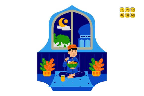 Man Eating Meal During Ramadan Night Graphics and Illustrations Review