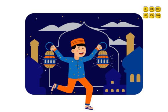 Man Holding Lanterns During Ramadan Cele Graphics and Illustrations Review