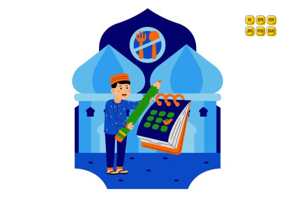 Man Marking Ramadan on Calendar Graphics and Illustrations
