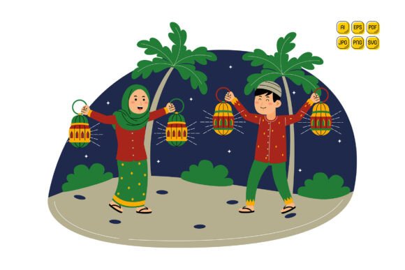 Muslim Couple Holding Lanterns at Night Graphics and Illustrations Review