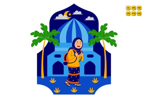 Muslim Girl with Backpack Near Mosque Graphics and Illustrations Review