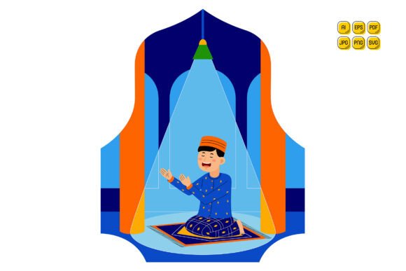 Muslim Man Praying at Mosque Graphics and Illustrations