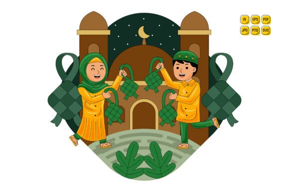 Muslim Man Woman Holding Ketupat – A Versatile Illustration for Creative Projects