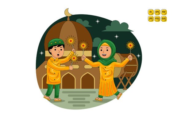 Muslim Man Woman Playing Sparklers Graphics and Illustrations