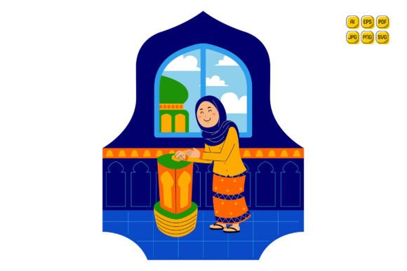 Woman Muslim Gives Money in Donation Box Graphics and Illustrations