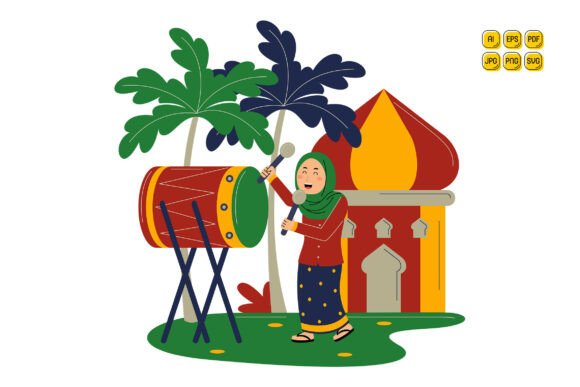 Woman Muslim Playing Drum at Mosque Graphics and Illustrations Review